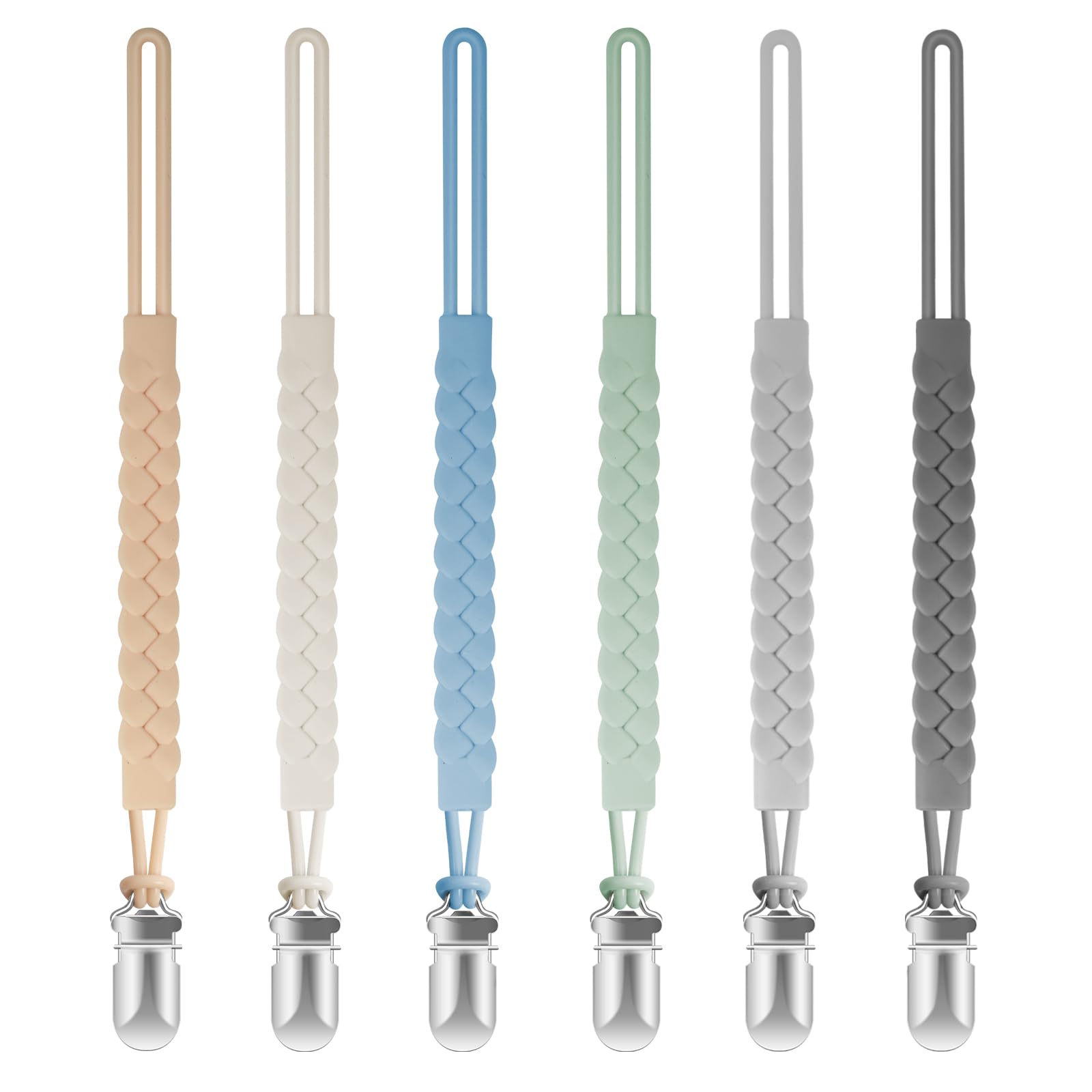 Tender Babe Silicone Pacifier Clips for Baby Boys and Girls, Woven Rope Flexible Design, Pacifier Holders for Teething Relief and Baby Essentials, Safe for Newborns (6 Pack)