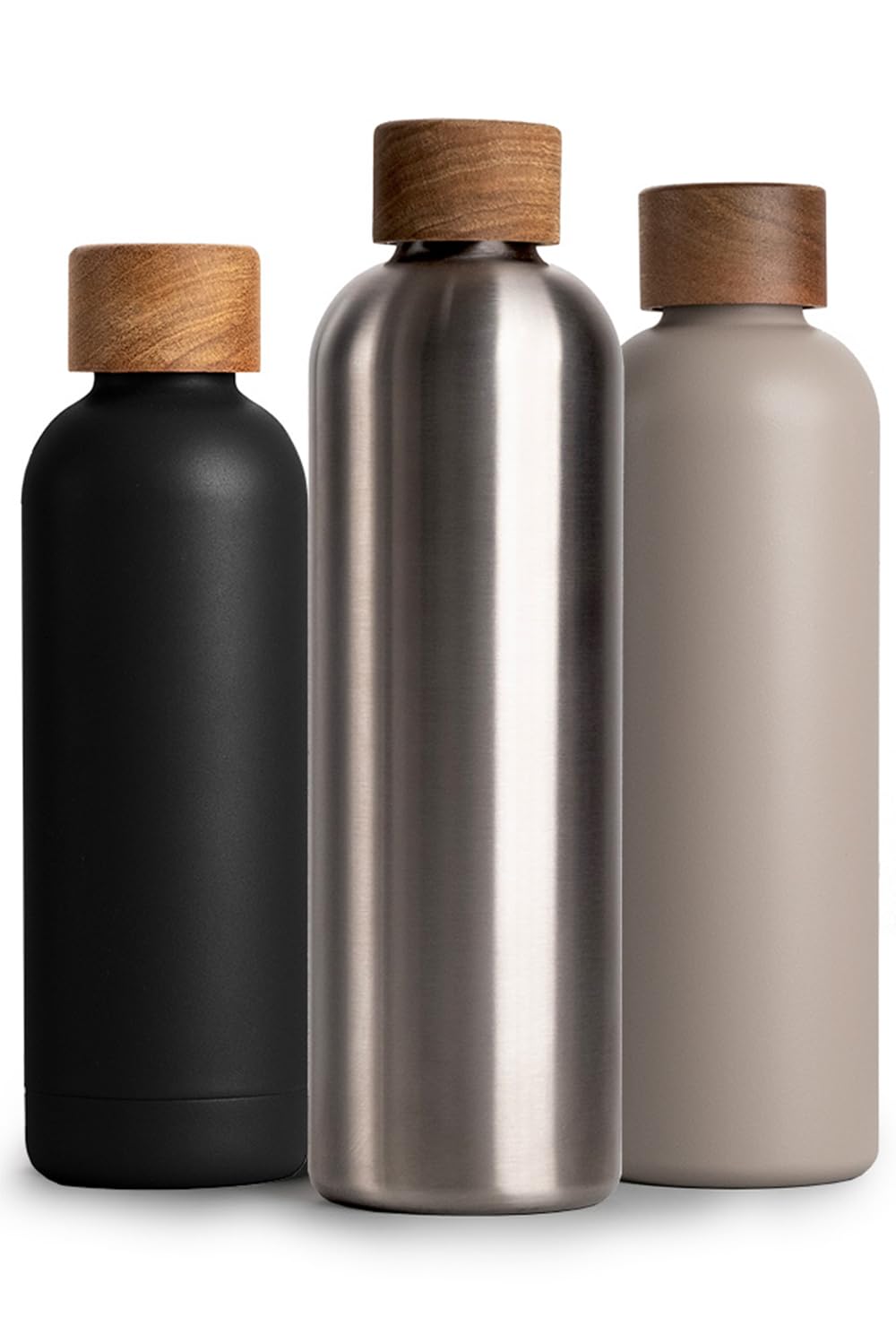 T&N Edelstahl Trinkflasche 1 Liter, Thermosflasche 1l mit Akazienholz Deckel, Isolierte Wasserflasche auslaufsicher bei Kohlensäure, Isolierflasche 1000ml - Silber