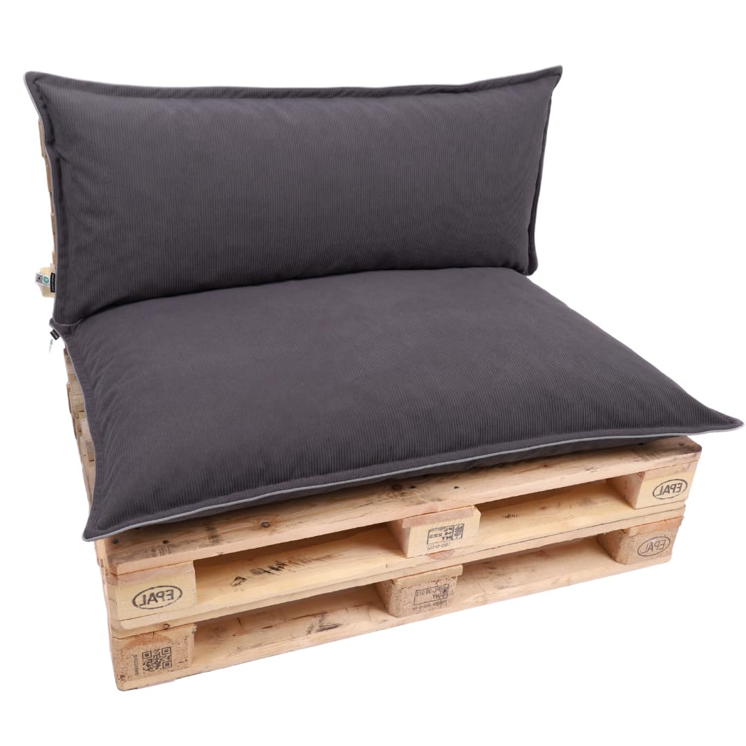 TexDeko® Cord Palettenkissen 120x80x18 cm 2-TLG Set, Anthrazit | Weicher Cordstoff, wasserabweisend, UV-beständig, waschbarer Bezug, Indoor & Outdoor Palettenpolster, 320 g/m² Stoffgewicht