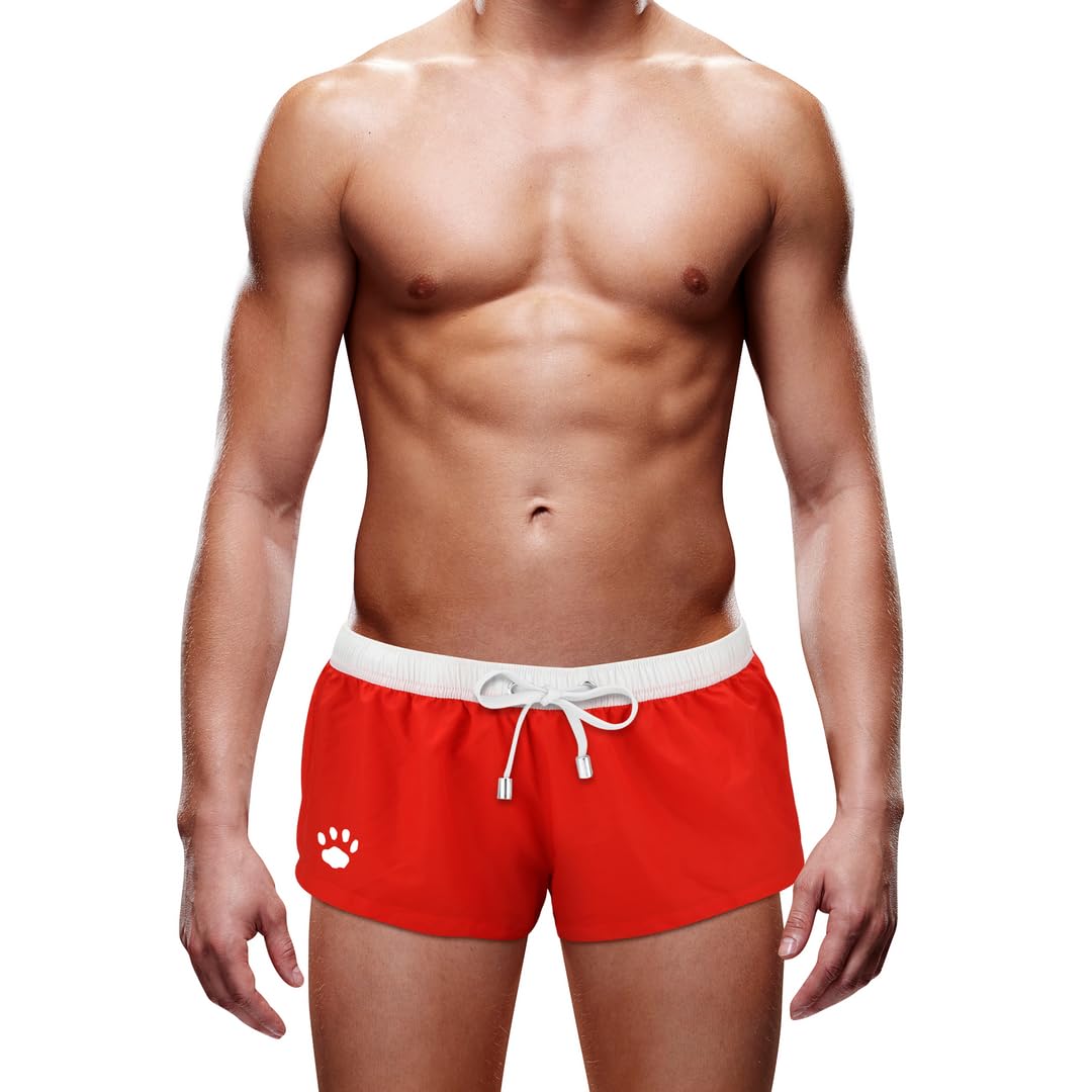 Prowler Men’s Swim Trunks – Red Paw Print Swimming Shorts | Quick-Dry Swimwear with White Waistband & Drawstring | Stylish Holiday Swim Briefs - Size Small 28-30” / 71-76cm
