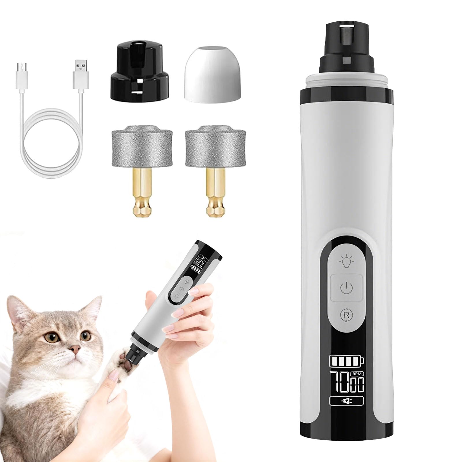 Silent Groom Pro Nail Grinder, Dog Nail Grinder Quiet, Dog Grinder for Dogs Light Painless Clipping With Led & 3 Speeds Rechargeable 2000mAh USB Charging 1+2 Replacement Head for Dog Cat Home Use