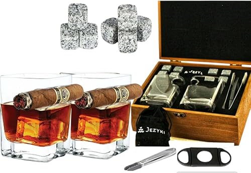 Juego de vasos de whisky de cristal, 2 vasos de whisky para cigarros, 8 piedras de enfriamiento de granito con pinzas, bolsa de terciopelo y