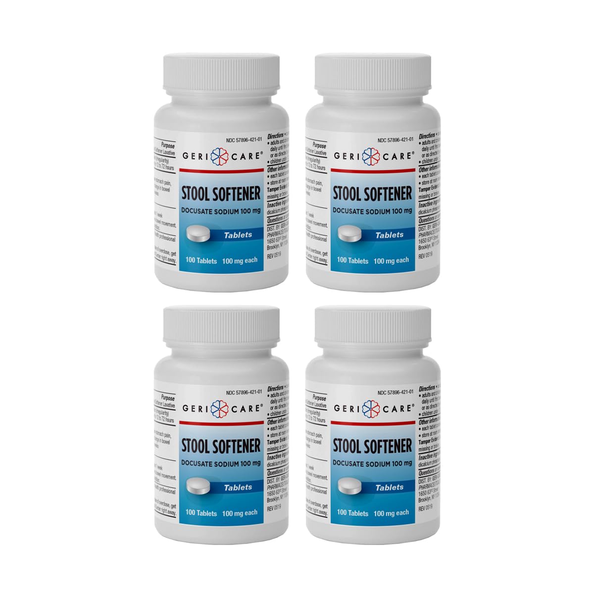 GeriCare Docusate Sodium Stool Softeners, Best Stool Softener for Daily use for Women, Men, and Elderly - Ideal for Constipation Relief 100mg Crushable Tablets. (100 Count) Made in the USA (Pack of 4)