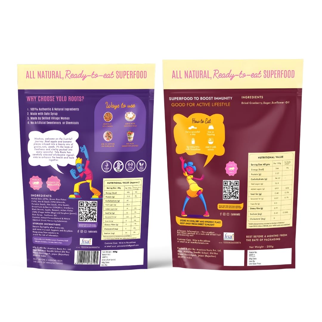 Yolo Roots Fruits & Nuts Muesli 400g & Dried Cranberries 200g Combo, No Added Sugar, High Fiber Breakfast Cereal & Antioxidant Rich Berry Snack, Healthy Food with Oats, Almonds & Fruits (Pack Of 2)