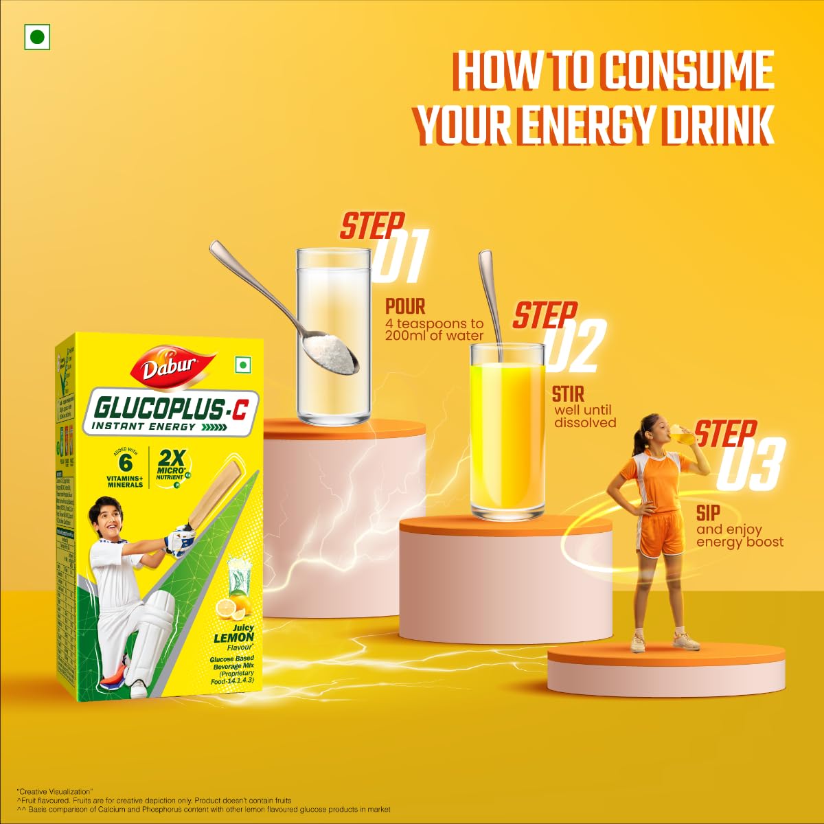 Dabur Glucoplus C Instant Powder Energy Glucose (LemonFlavour) - 1kg | Replenishes Energy with 6 Added Vitamins and Minerals | Vitamin C and Zinc Helps Boost Immunity | Calcium, Phosphorus and Vitamin K Support Bone Health 1