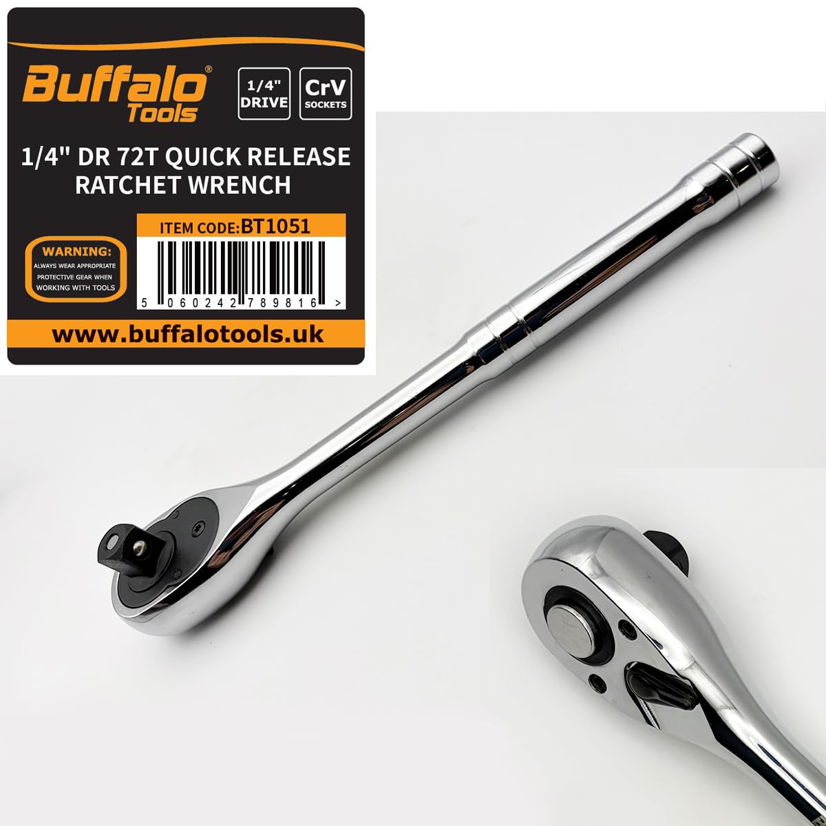 Buffalo Tools 1/4 Drive Quick Release Ratchet Reversible Straight 72t Socket Wrench