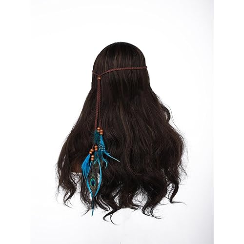 Miniatura 2 de Gangel Diadema de plumas indias hippie con diadema bohemia con plumas de pavo real a la moda, cuerda de cáñamo para festivales, mascaradas, disfraz