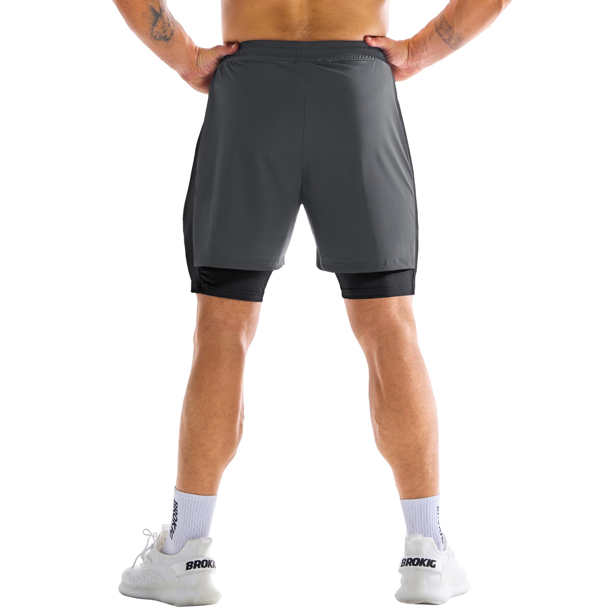 BROKIG Pantalones cortos de gimnasio para hombre, ligeros, para correr, entrenamiento, tenis, ejercicio, con bolsillo con cremallera