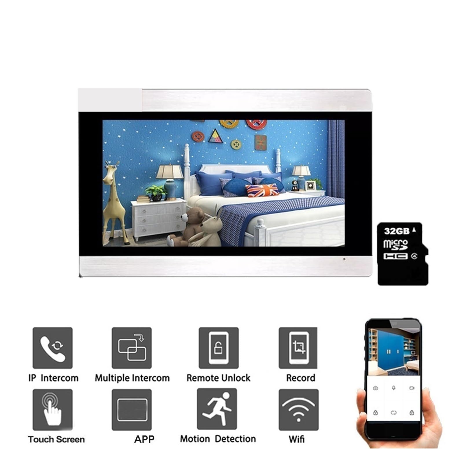 7 Pollici 1080P Wifi Videocitofono Senza Fili Citofono Domestico Di Registrazione Del Movimento Campanello Con Fotocamera Sblocca Conversazione Audio Bidirezionale(Set 1-1v1)