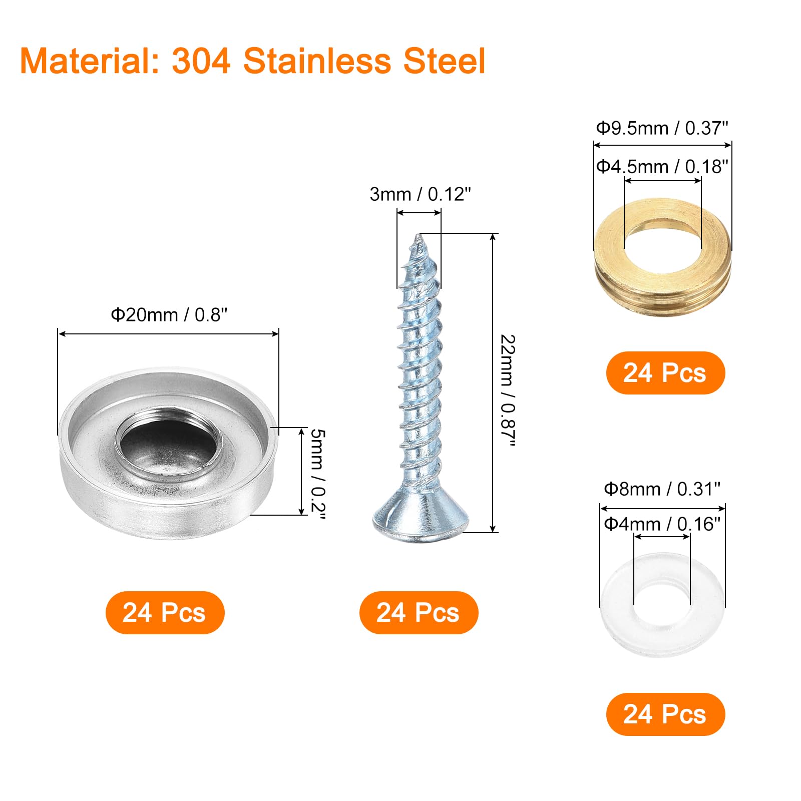 QUARKZMAN 24 Pcs Cache Vis Miroir, 304 Vis en Acier Inoxydable Capuchons Décoratifs, Vis Miroir Fixations pour Panneaux Publicitaires Matériel de Construction, Diamètre 20mm, Argent