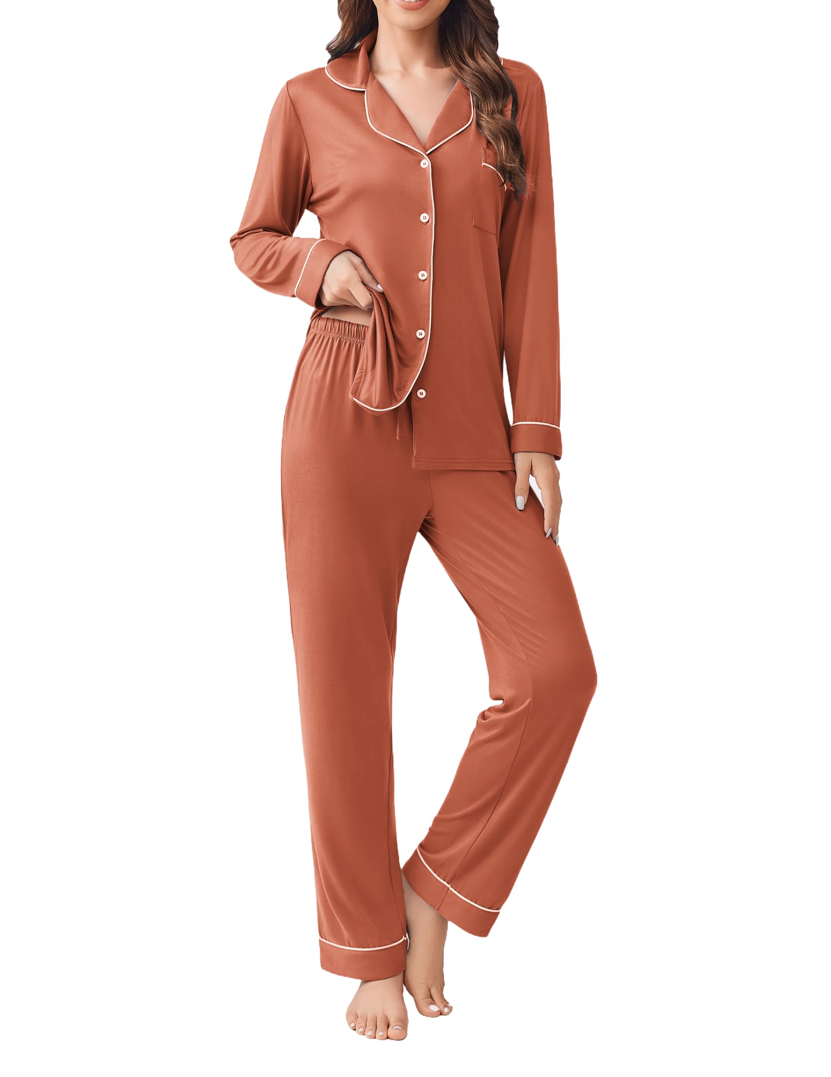 Ekouaer Womens Pajamas Set 2 Piece Button Down Pjs Soft Long Sleeve Top and Pants Sleepwear Set Lounge Sets