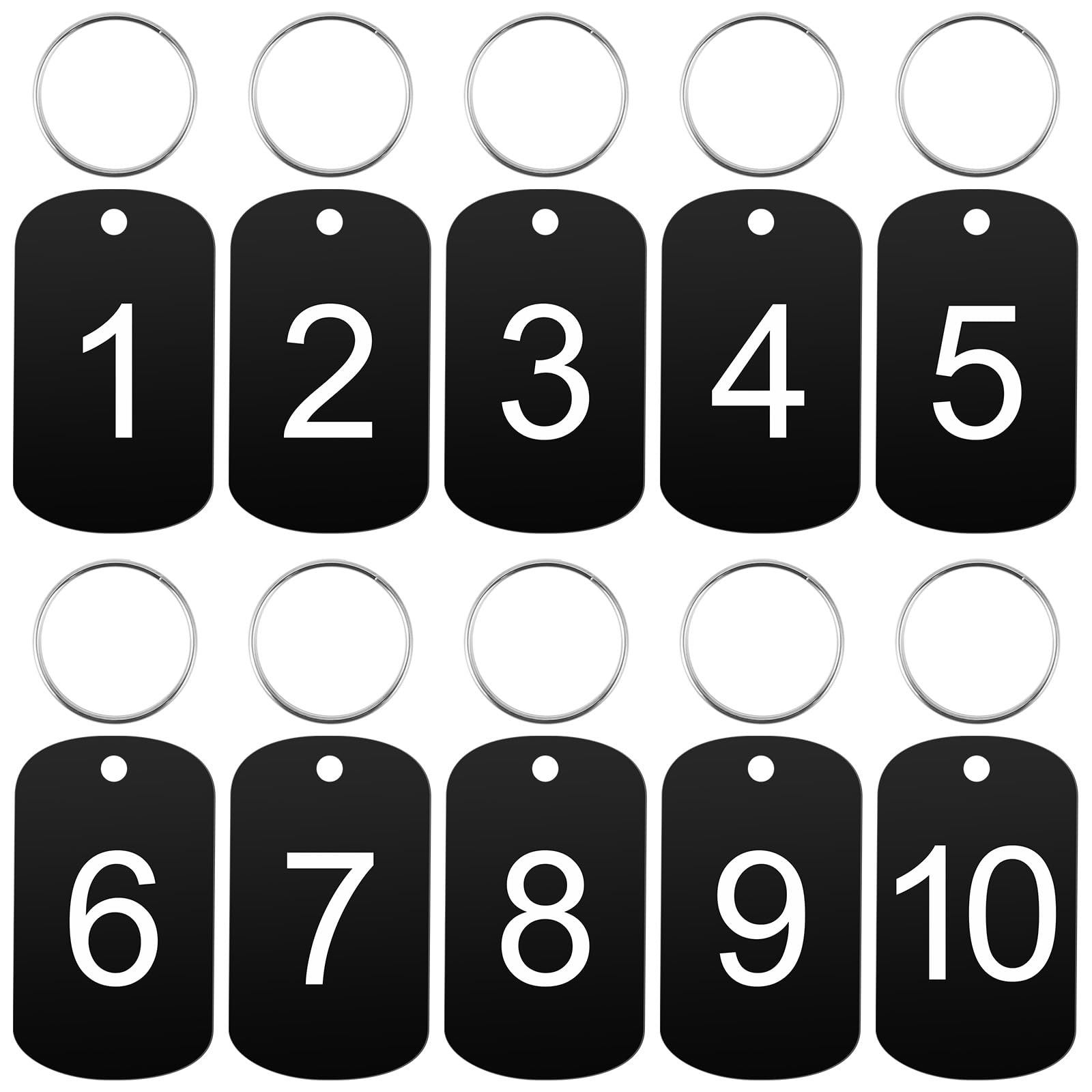 Mozeat Lens 1-10 Aluminum Engraved Number Tags with Key Rings for Dormitory Keys House Lockers, Black