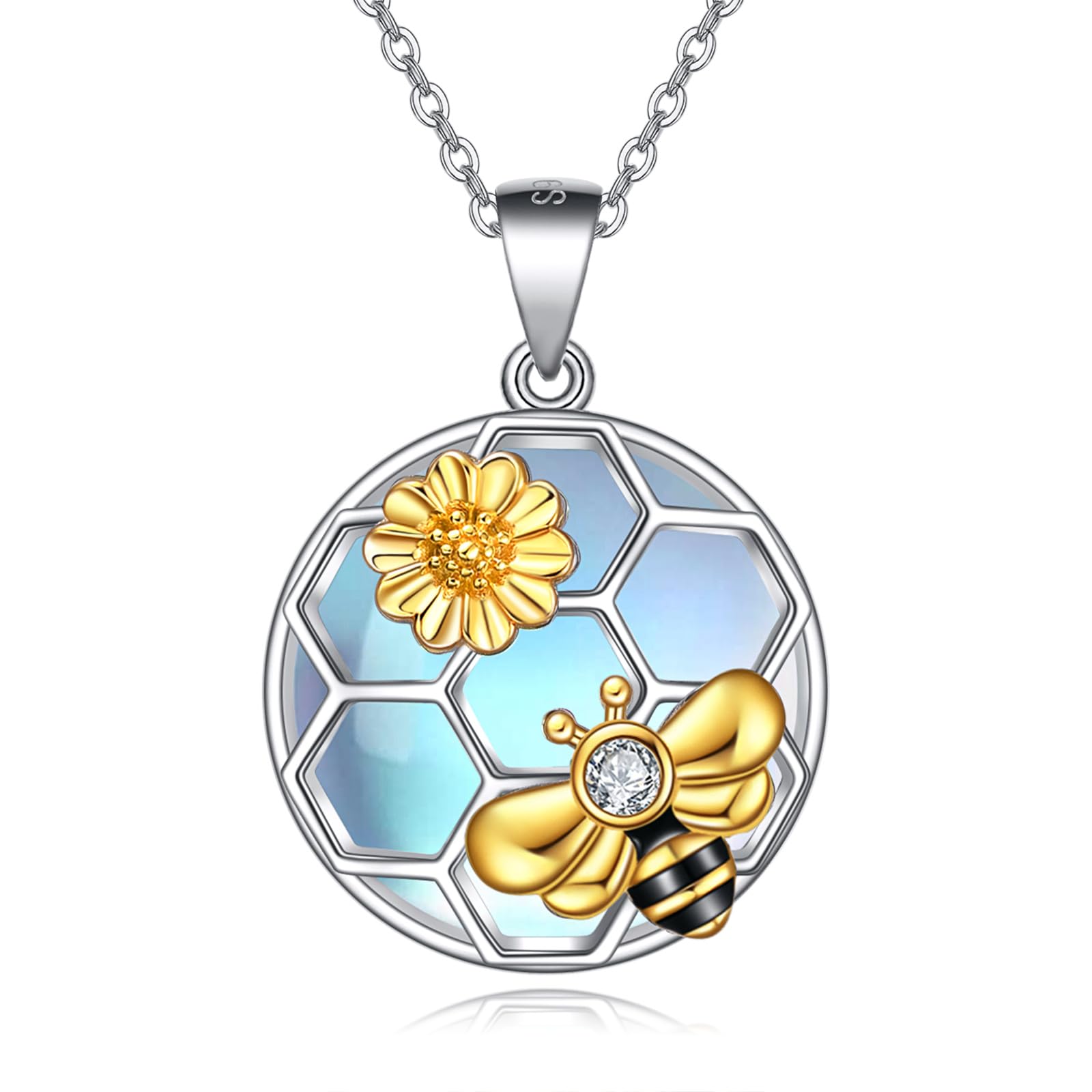 LUHE Bee Necklace 925 Sterling Silver Honeycomb Daisy Flower Pendant Necklaces for Women Christmas Gifts for Girls