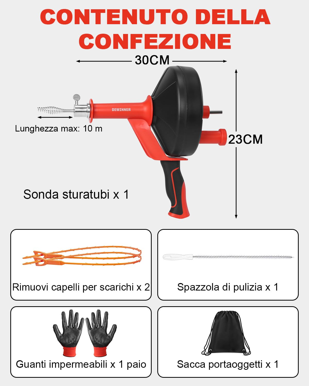 DEWINNER Sonda Sturatubi, serpente di scarico con adattatore per trapano, 10 m, flessibile, da usare manualmente o alimentato per cucina, bagno e doccia lavello con guanti