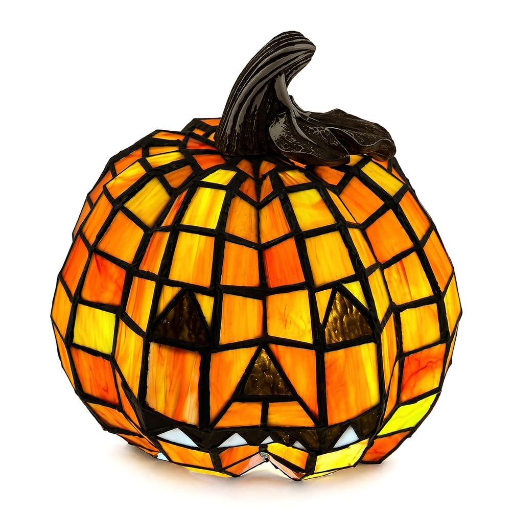 Fiunkes Tiffany Stained Glass Pumpkin Lamp Halloween Pumpkin Bedside Decor Lamp