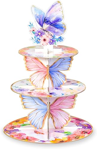 Soporte para cupcakes de mariposa, torre de 3 niveles, decoraciones de mariposa con corona floral para cumpleaños, boda, baby shower, suministros de