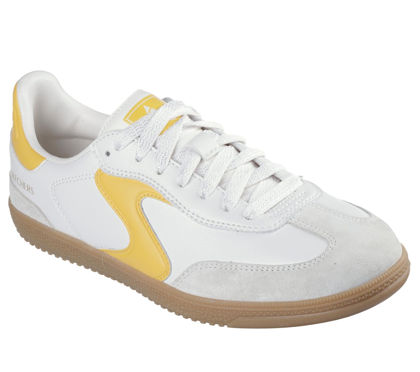 Skechers Women's Hotshot Kickoff Sneaker, White Duraleather/Leather/Yellow Trim, 8 UK