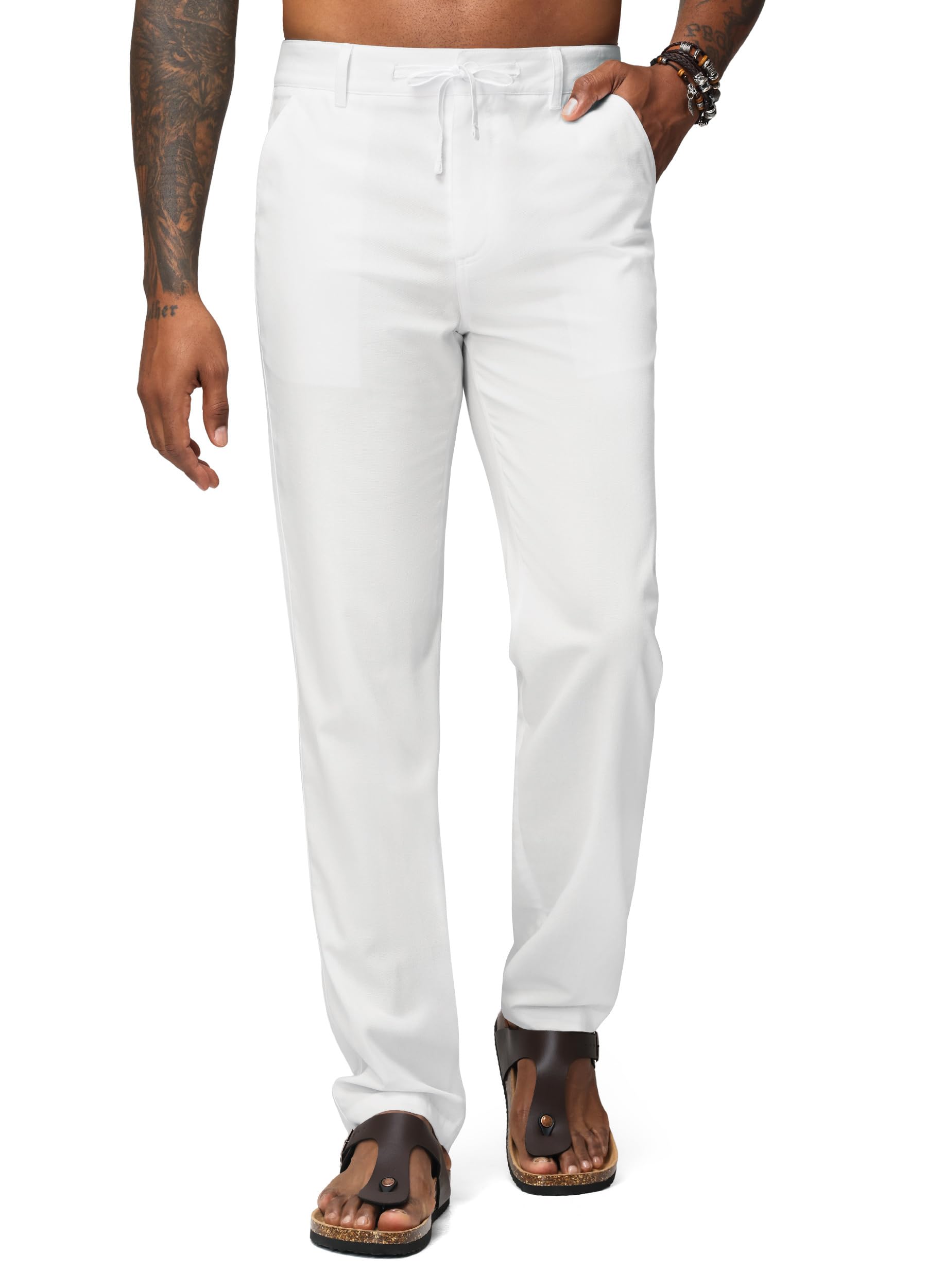 - Men's Linen Pants Casual Linen Dress Pants with Drawstring and Pockets, Lightweight Straight-Leg Trousers White 33W x 30L