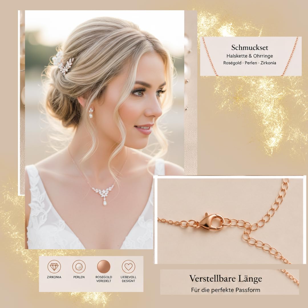 Schmuckset Rosegold Silber Perlen Zirkonia Halskette Ohrringe Strass Brautschmuck Hochzeit Kommunion Abiball