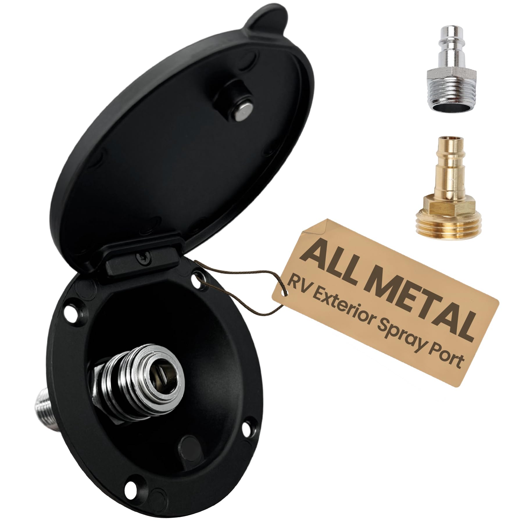 Całkowicie metalowy port natryskowy do kampera z adapterami G1/5.1 cm i GHT 1.9 cm, zewnętrzne podłączenie wody do kampera i przyczepy, szybkozłącze ze stali nierdzewnej, magnetyczna osłona
