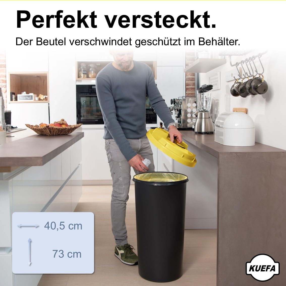 KUEFA BSC LA 60L Mülleimer, Müllsackständer, Gelber Sack Ständer, inkl. Klemm-Ring und Laserbeschriftung, stabil, strapazierfähig, geruchsdicht, auslaufsicher (Gelb, Gelber Sack)