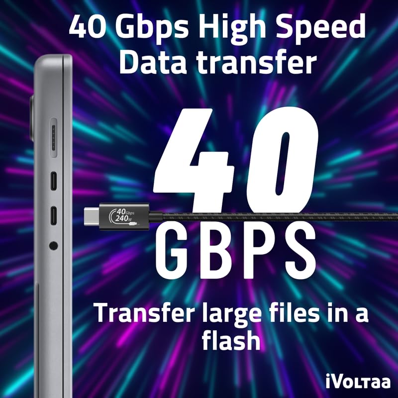 Image of iVoltaa 240W USB C to C Cable 40Gbps USB4, 8K Video, 2nd Gen E-Marker, Thunderbolt Compatible with MacBook, iPhone 15 /16 & Samsung Galaxy - 3.3 ft (1m)