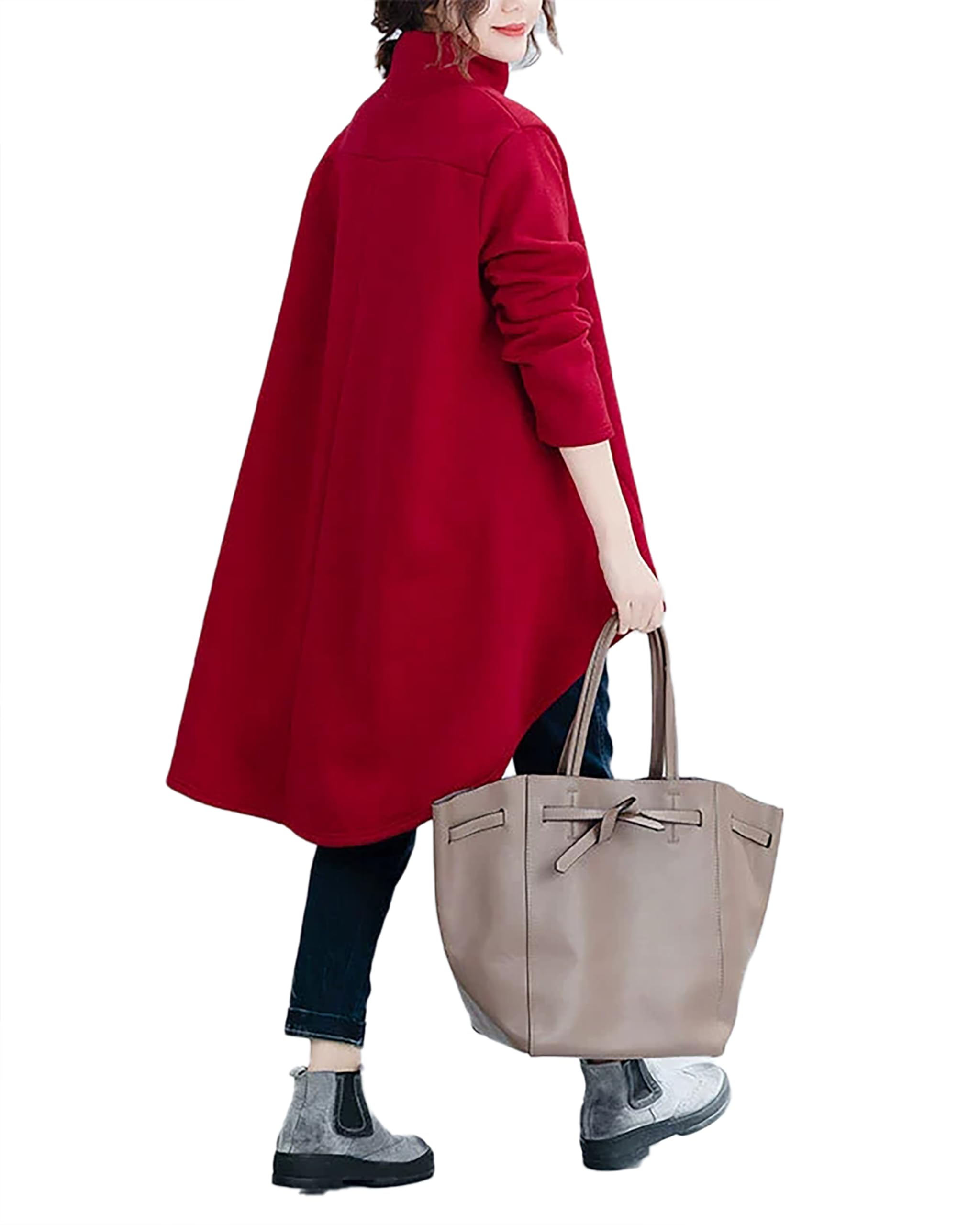 ellazhu Manteau Chemise pour Femmes, col Montant, Manches Longues, Unis, Coupe asymétrique, Ourlet irrégulier, Grande Taille, Maxi, Mode décontractée GZ690