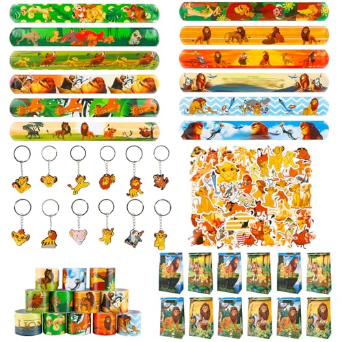 Wirhaut Löwen Party Mitgebsel, 86 Stück löwen kindergeburtstag, Party Mitgebsel Deko Set inklusive 12 Armband, 12 Geschenktüten, 12 Schlüsselanhänger, 50 Aufkleber