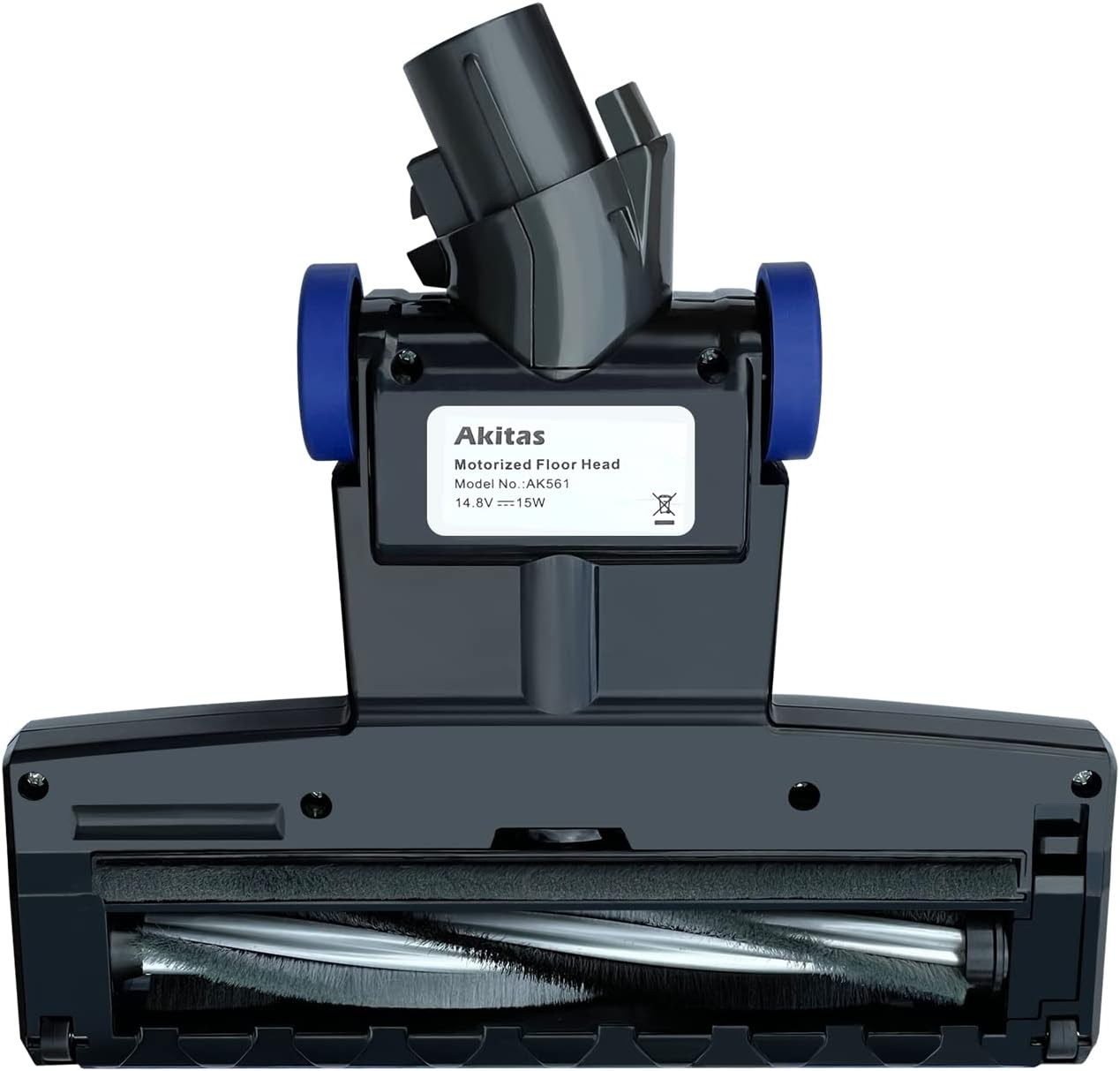 Underside view of the Akitas motorized floor head, showing the brush roll.