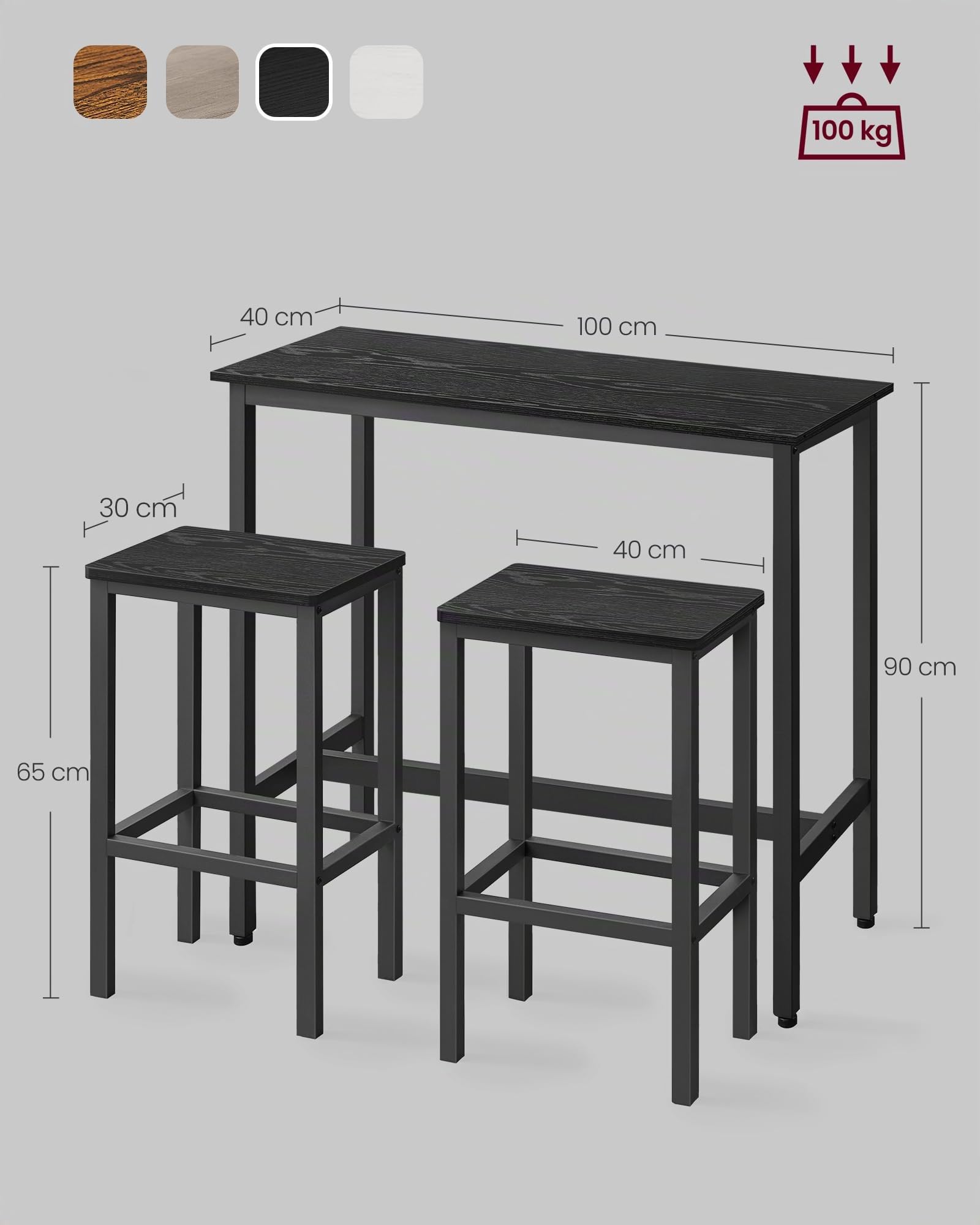 VASAGLE Ensemble de Meubles de Salle à Manger, Table et Tabourets de Bar, Table Petit-Déjeuner avec 2 Tabourets Hauts, Cadre en Acier, Style Industriel, Noir Boisé et Noir d'encre LBT218B56