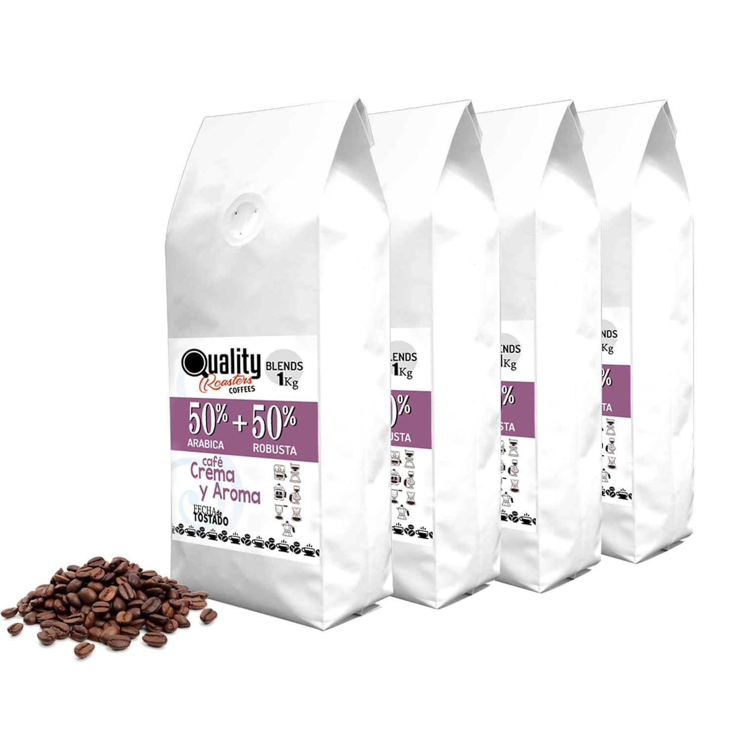 Café en grano natural "Crema y Aroma". 50% Arabica + 50% Robusta. Blend. Tostado artesanal. (4 Kg, Tostado clásico)