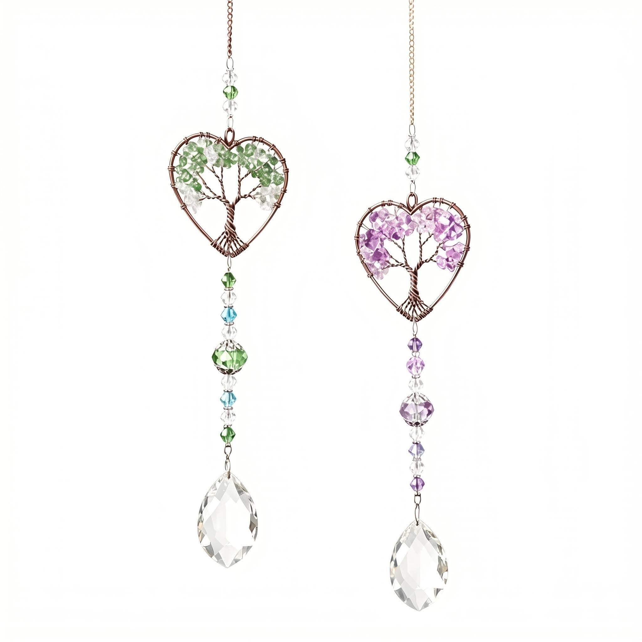 Rainbow Maker Sun Catcher, 2 Pack Tree of Life Crystal Suncatcher for Windows - 40cm with Gemstone Pendant, Green and Purple Amethyst, Spiritual Gifts for Women, Home and Garden Decor