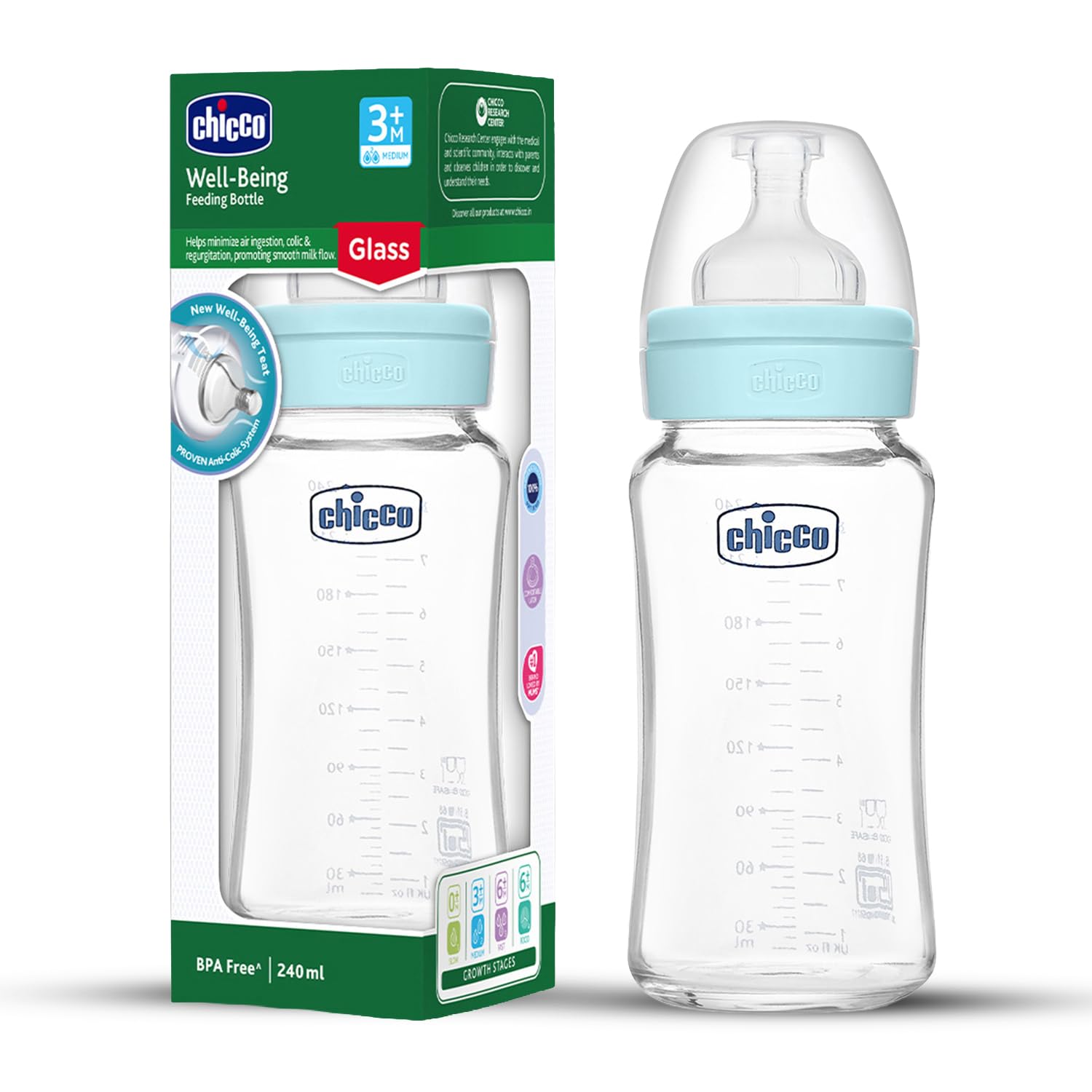 Chicco Well-Being Glass Feeding Bottle for Babies (240ml, Medium Flow) | Premium Borosilicate Glass for High Durability | Elongated Teat for Correct Latch | Comes with Anti-Spill Cap | BPA Free (Blue)-picture-25