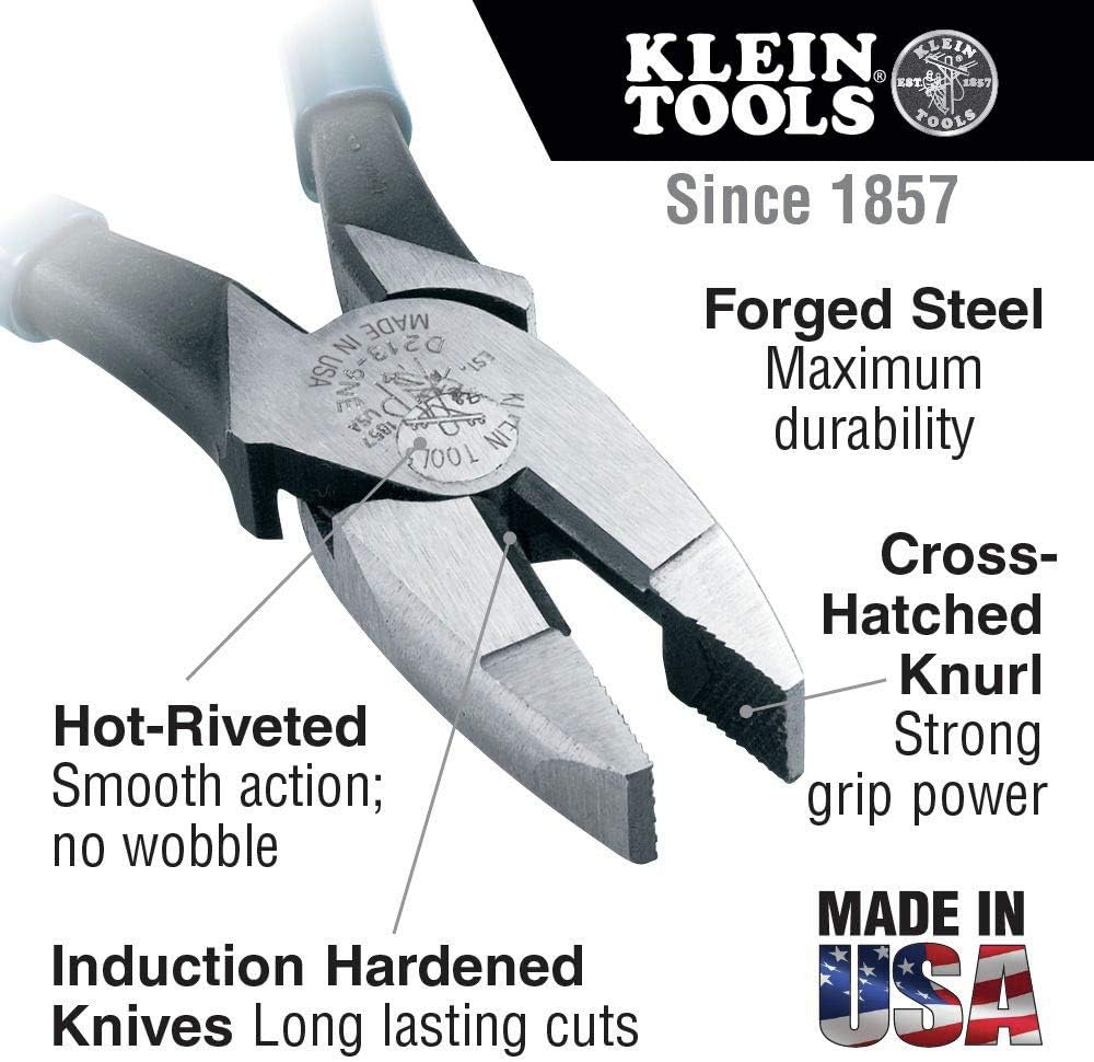 Klein Tools D201-7NE Lineman's New England Nose Pliers with Streamlined Design, Knurled Jaws and Handle Tempering, 7-Inch