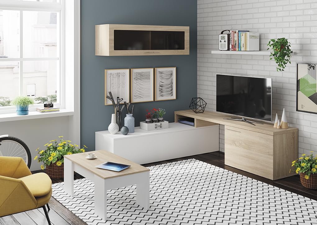 Habitdesign 0F1640A - Tavolino da salotto Low Cost, tavolo da pranzo colore Rovere Canadese - Bianco Artik, misura 100 cm (lunghezza) x 45-56 cm (altezza) x 50 cm (profondità)