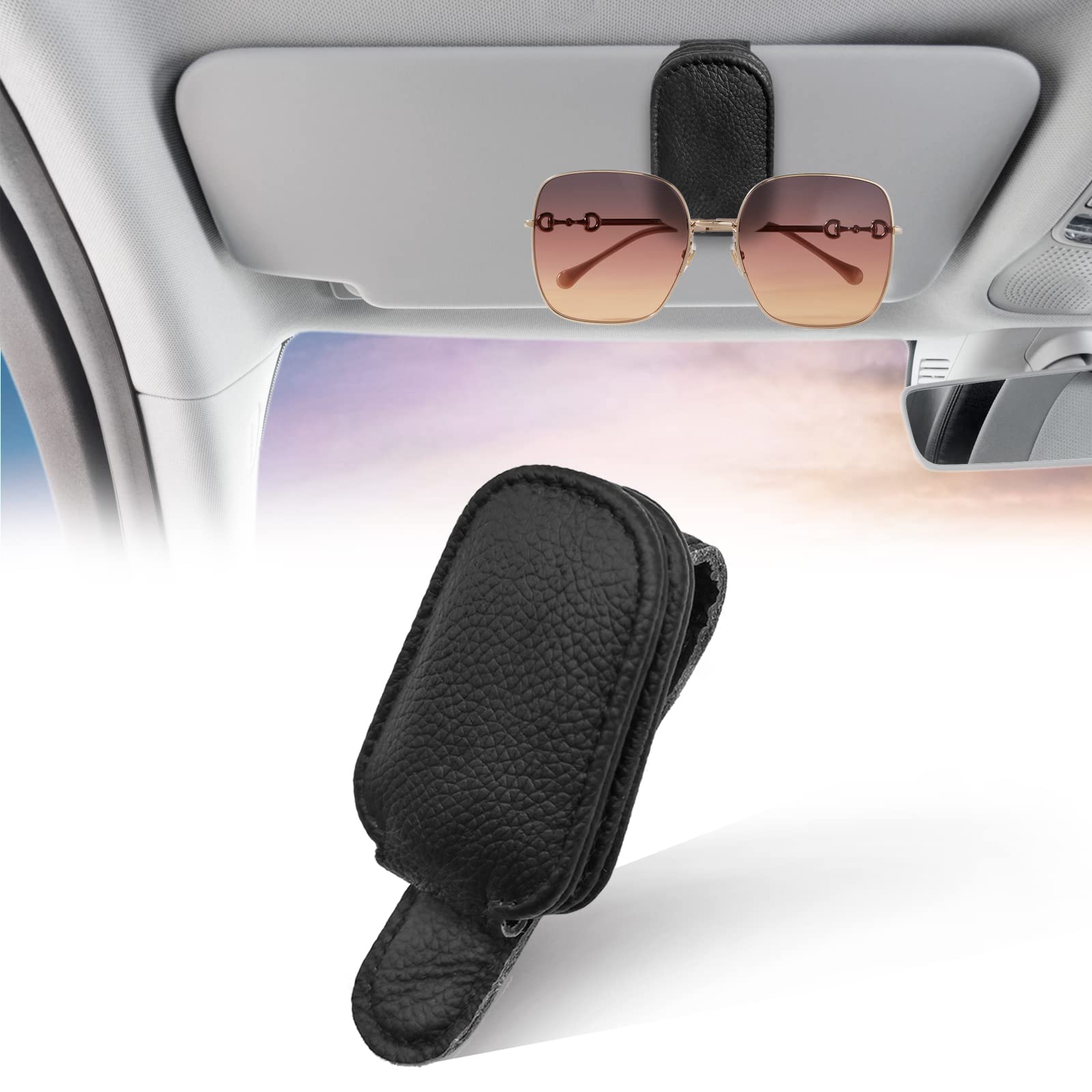 Sunglasses Holders for Car Sun Visor Magnetic Leather Sunglass Holder for Car Suitable for Thin Leg Glasses, Car Visor Accessories Universal for Most Car Sun Visor (Black)