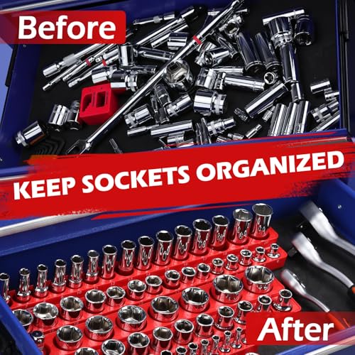 2-Piece 3/8"-Drive Metric Magnetic Socket Organizer Set (Holds 30 Sockets) - Detachable Tool Tray with 5mm Magnetic Base, Screw-Fixed Design & Heavy-Duty Modular Storage for Garage/Home Workshop