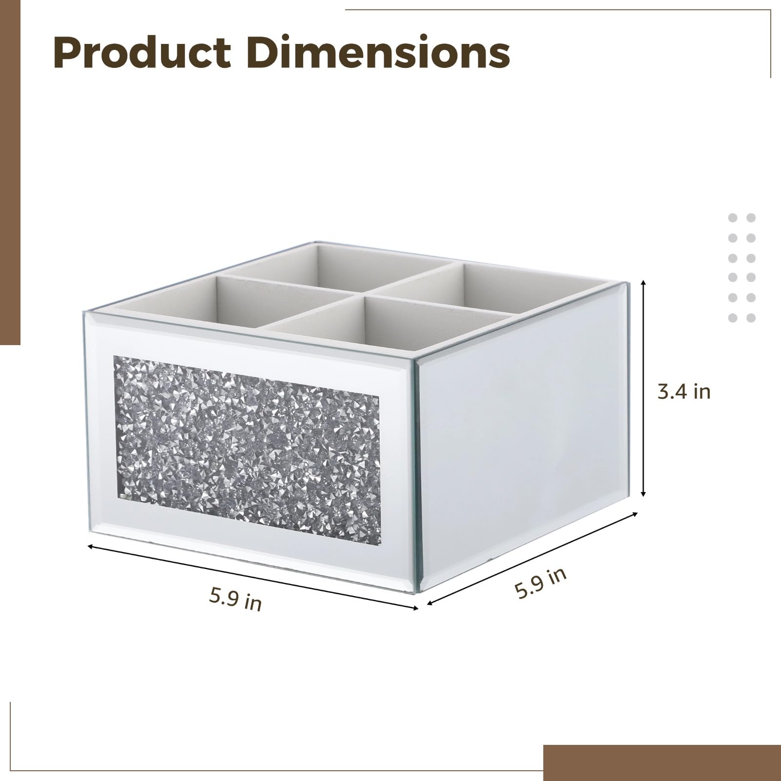 Porta pennelli da trucco, girevole a 360°, in vetro, per comò, design con intarsio in cristallo argento, 4 scomparti multifunzionali per telecomando e portapenne, 15 x 15 x 8,6 cm