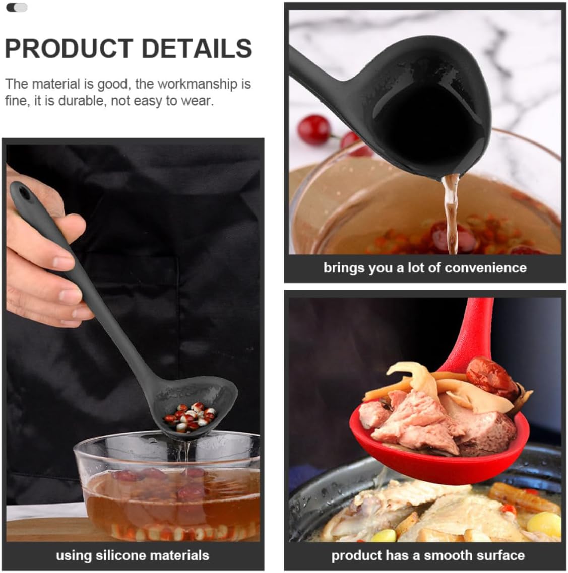 2pcs Silicone Soup Ladles Heat Resistant Non-stick Kitchen Cooking Spoons Long Handle Portable Flatware for Home Dining and Food Serving