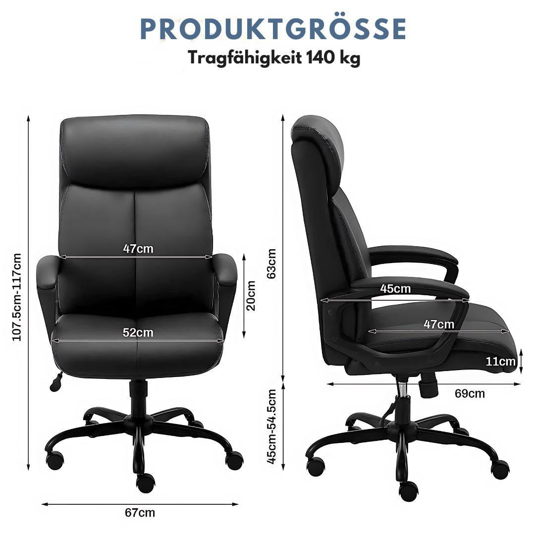 Ergonomischer Bürostuhl - Höhenverstellbar, Komfortabel mit Wippfunktion und Netzrücken. Robustes Metallgestell, belastbar bis 150 kg. Farben: Schwarz und Grau. (Kunstleder, Schwarz)