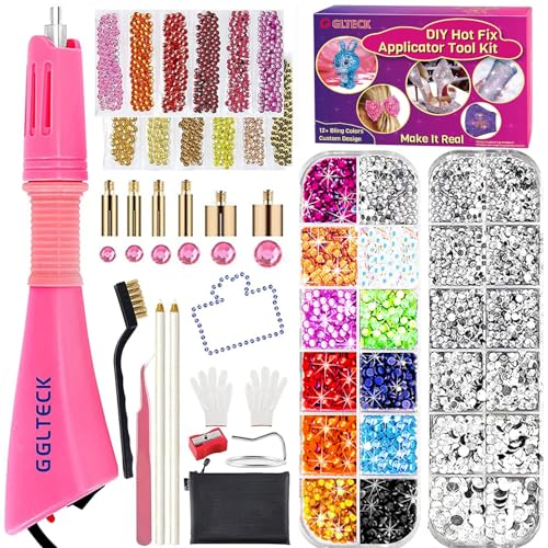 Image of Hotfix Applicator, DIY Hot Fix Rhinestone Applicator Wand Setter Tool Kit with 7 Different Sizes Tips-2 Rhinestone Pencil Pickers -Tweezers & Brush Cleaning kit and 2 Pack Hot-Fix Crystal Rhinestone