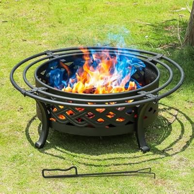 Panovue 36 Inch Fire Pit with 2 Loops,Crossweave Wood Burning Fire Pits for Outside,with Spark Screen,Fire Poker,Round Outdoor Fire Pit for Patio,Yard,Garden,Camping,Bonfire,Black
