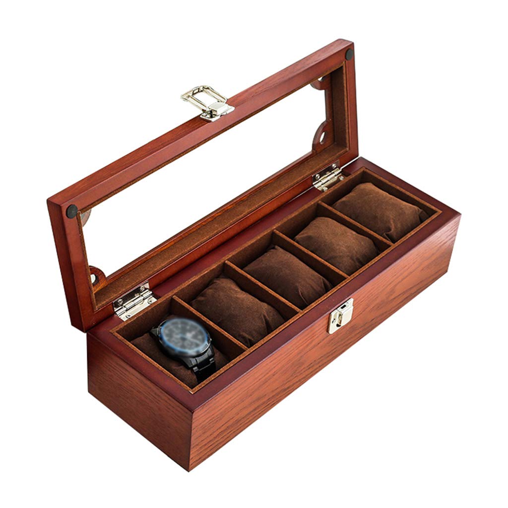 ANVLOJRIH Watch Display Storage Box Jewelry Collection Case Organiser Holder Wooden 5 Grid Watch Bracelet Organizers Display Boxes with Metal Clasp and Glass Lid