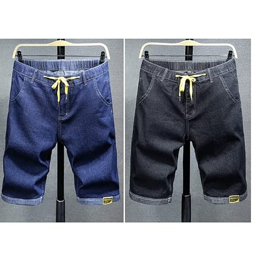 Geltdn Large Size 5Xl 6Xl Men's Drawstring Short Jeans Casual Letter Printing Loose Stretch Denim Shorts Male Black Blue (Color : B, Size : X-Large) #TOP1