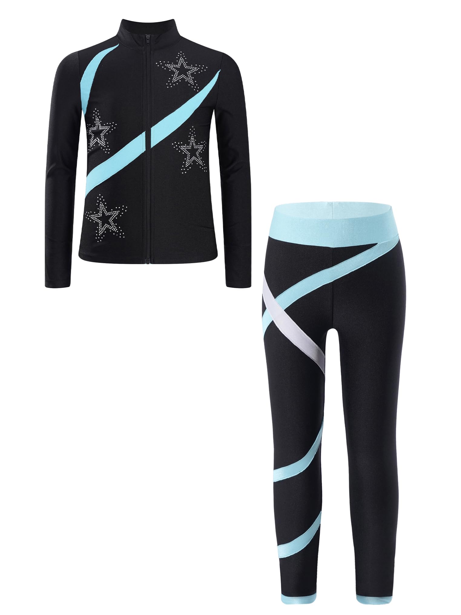 Freebily Kinder Trainingsanzüg Mädchen Eiskunstlauf Anzug Jacke Leggings Set Mit Strass-Stern Und Patchwork Eislaufen Sport Sweatsuit Tanzanzug Hellblau 170