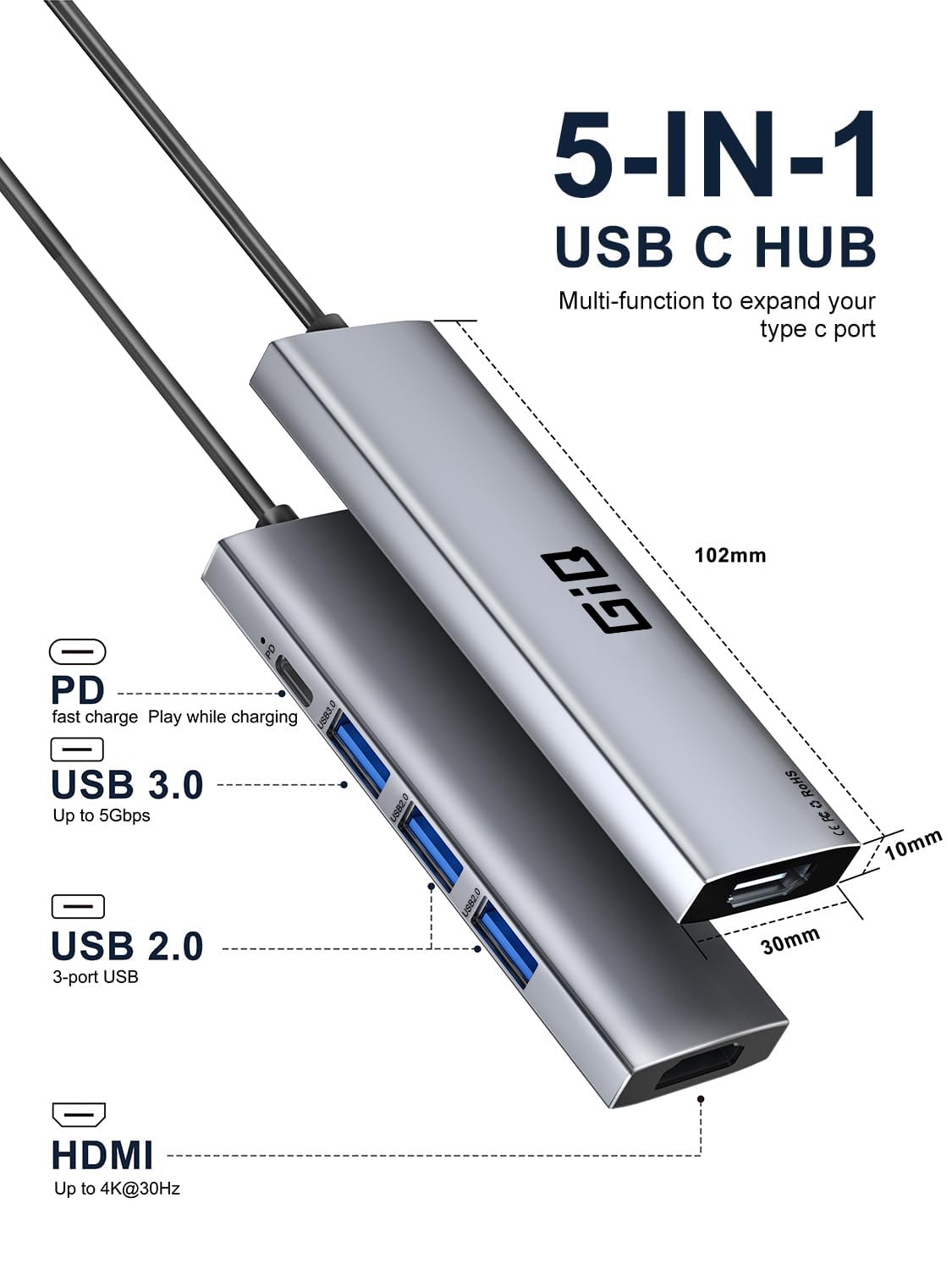 GIQ USB C Hub 5 in 1 MultiPort to 4K HDMI Adapter, 3 USB-A,100W PD, USB C Dongle for MacBook Pro/Air, iPad Pro, iMac, iPhone 15 16 Pro/Pro Max, XPS, Thinkpad etc
