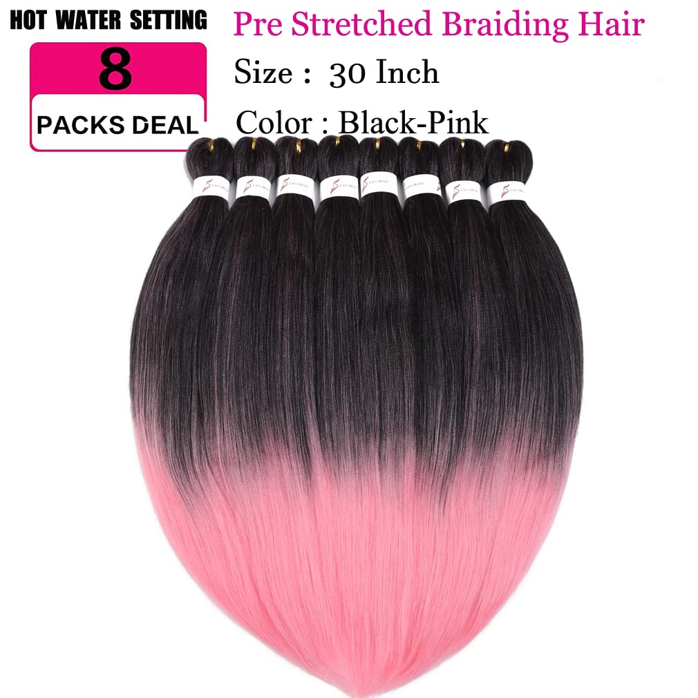 Pre stretched Braiding Hair 30 Inch 8 Packs Professional Hair Extensions Synthetic Braid Hair Crochet Braids Soft Yaki Texture Hot Water Setting(30",mixed black & pink)