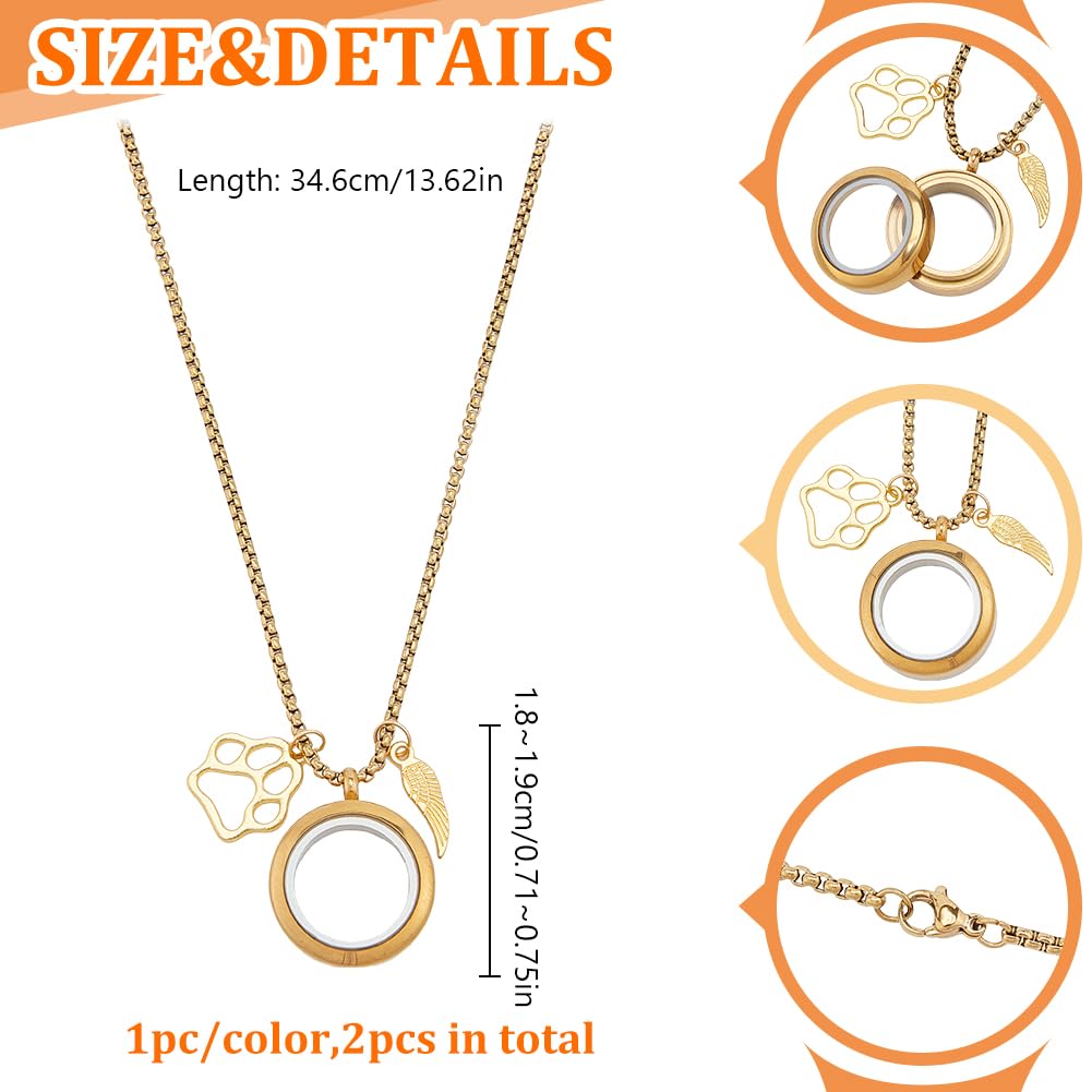 DELORIGIN 2Pcs Pet Hair Memorial Necklace Stainless Steel Fur Ashes Keepsake Necklace Clear Glass Locket Necklaces with Wing & Paw Cat Dog Urn Picture Memorial Jewelry for Women Men Personalised Gift - Image 2