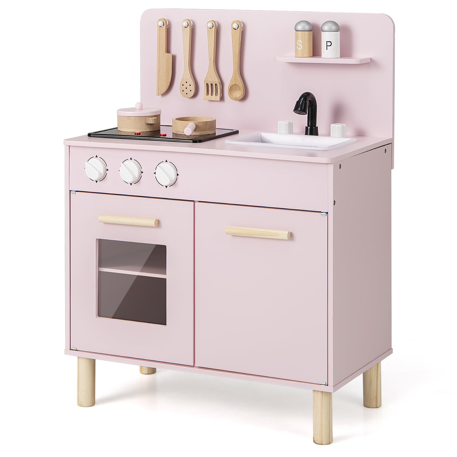 RELAX4LIFE Cucina Giocattolo per Bambini, Mini Cucina in Legno con Luci e Suoni Reali, Utensili da Cucina, Set Giocattoli per Bambini 3+ Anni (Rosa)