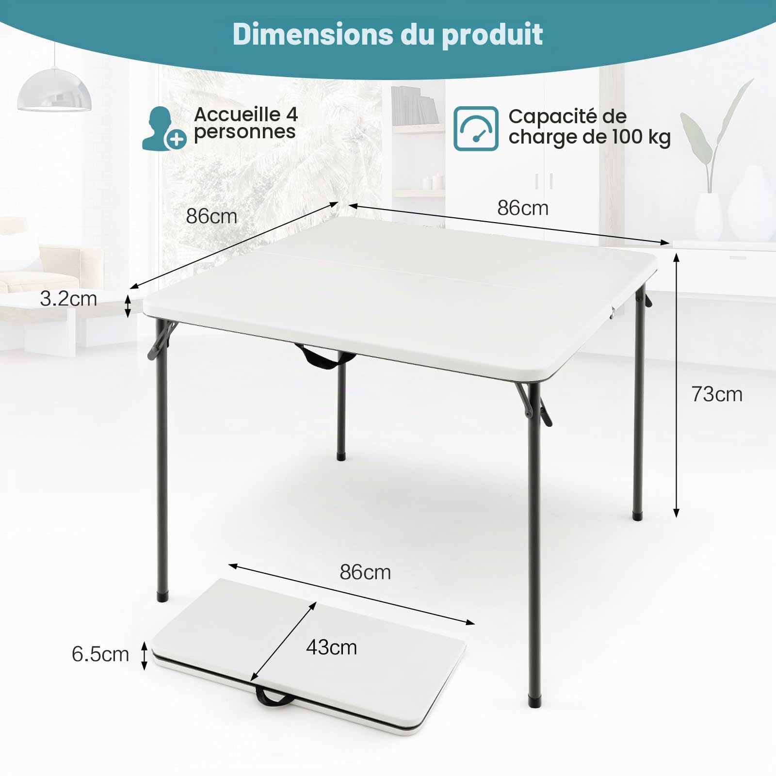 KOMFOTTEU Table de Camping Pliante, HDPE, Charge 150 kg, 86x86x74 cm, Blanc